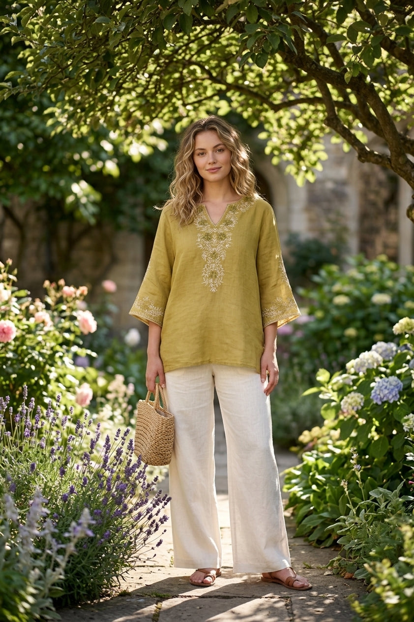 Bohemian Linen Blouse in Lime (Free size)