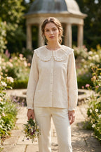Peter Pan Collar Lace Top in White & Beige (Free size)