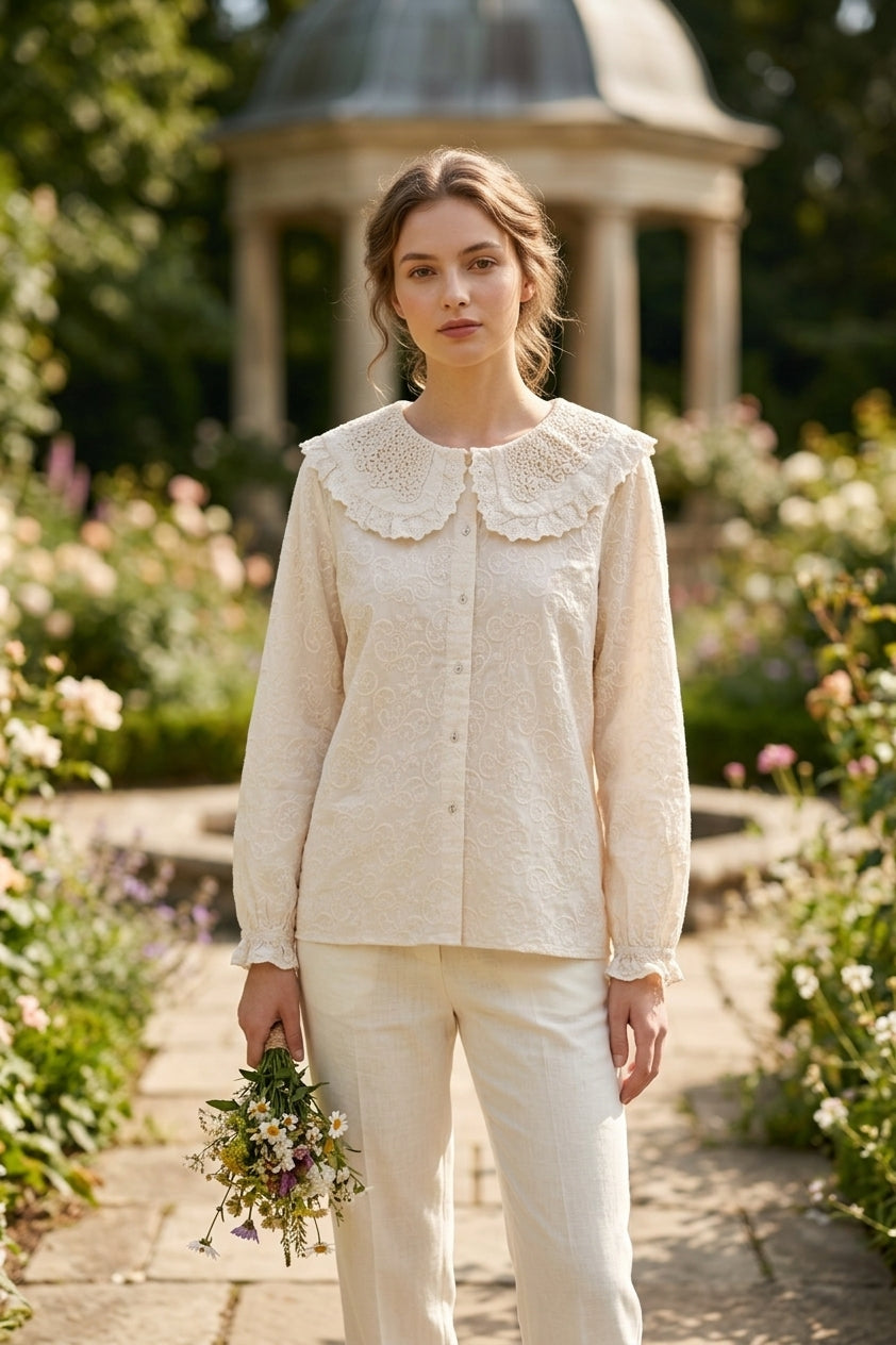 Peter Pan Collar Lace Top in White & Beige (Free size)