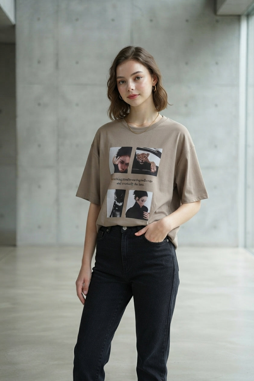 High Fashion Graphic Tee in Light Brown (Free size)