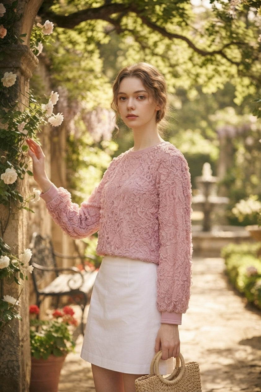 Pink Textured Lace Knit Crewneck Sweater (XL size)