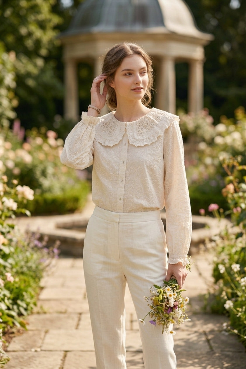Peter Pan Collar Lace Top in White & Beige (Free size)