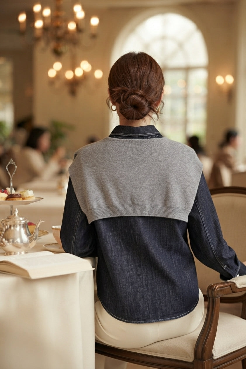 Dark Denim Shirt with Knit Overlay (Free size)