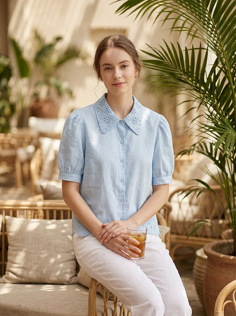 Collar Embroidery Blouse in Baby Blue (Free size)