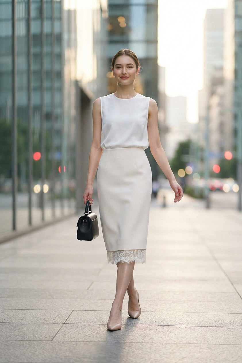 Satin Lace Trim Midi Skirt (L size)
