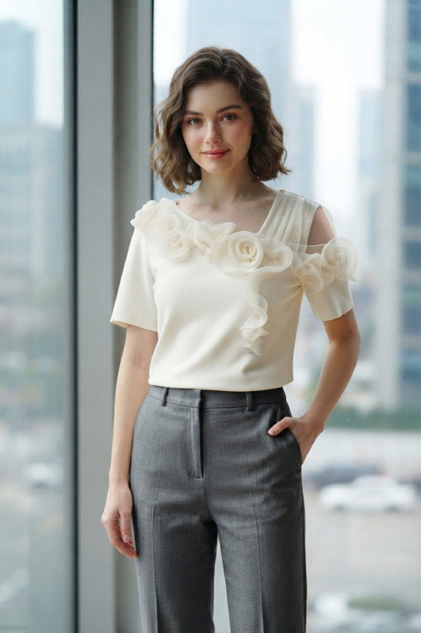 Floral Ruffle Blouse with Rose Detailing in Cream (M size)