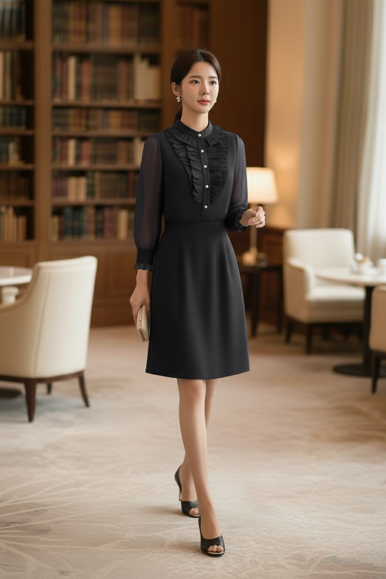 Ruffled Chiffon Panel Midi Dress