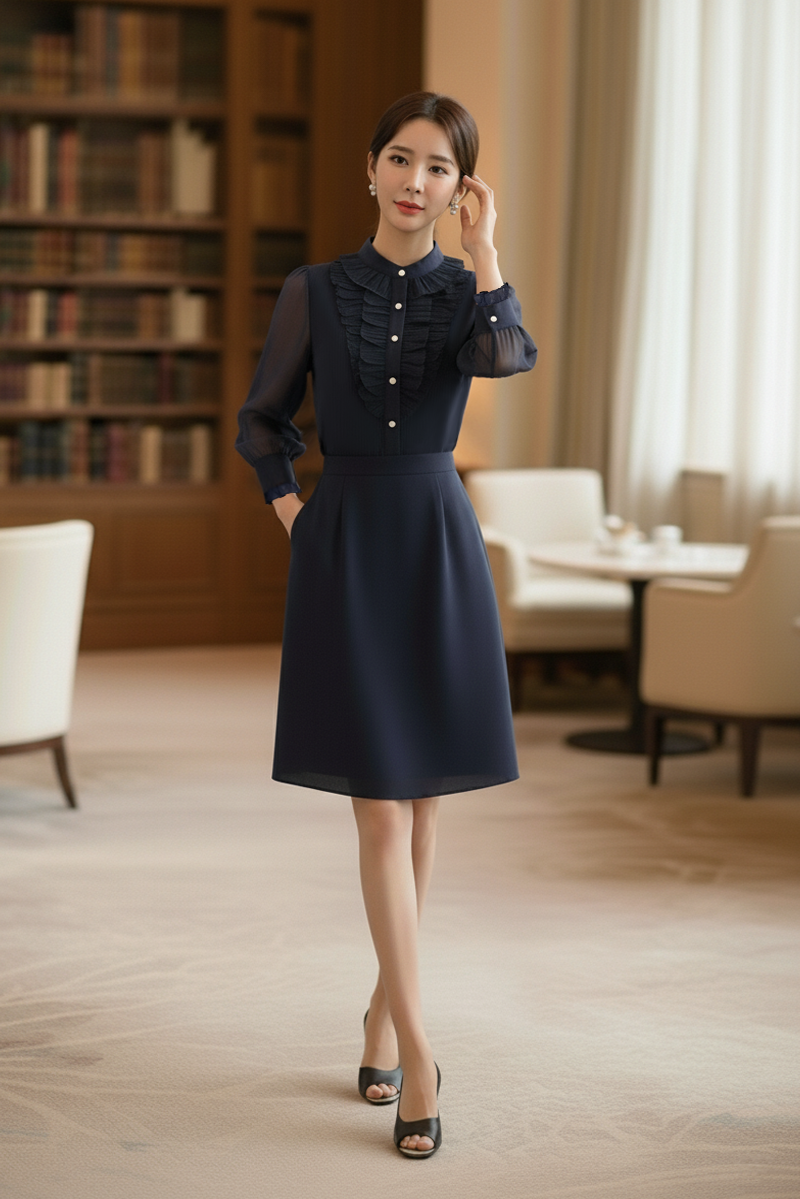 Ruffled Chiffon Panel Midi Dress