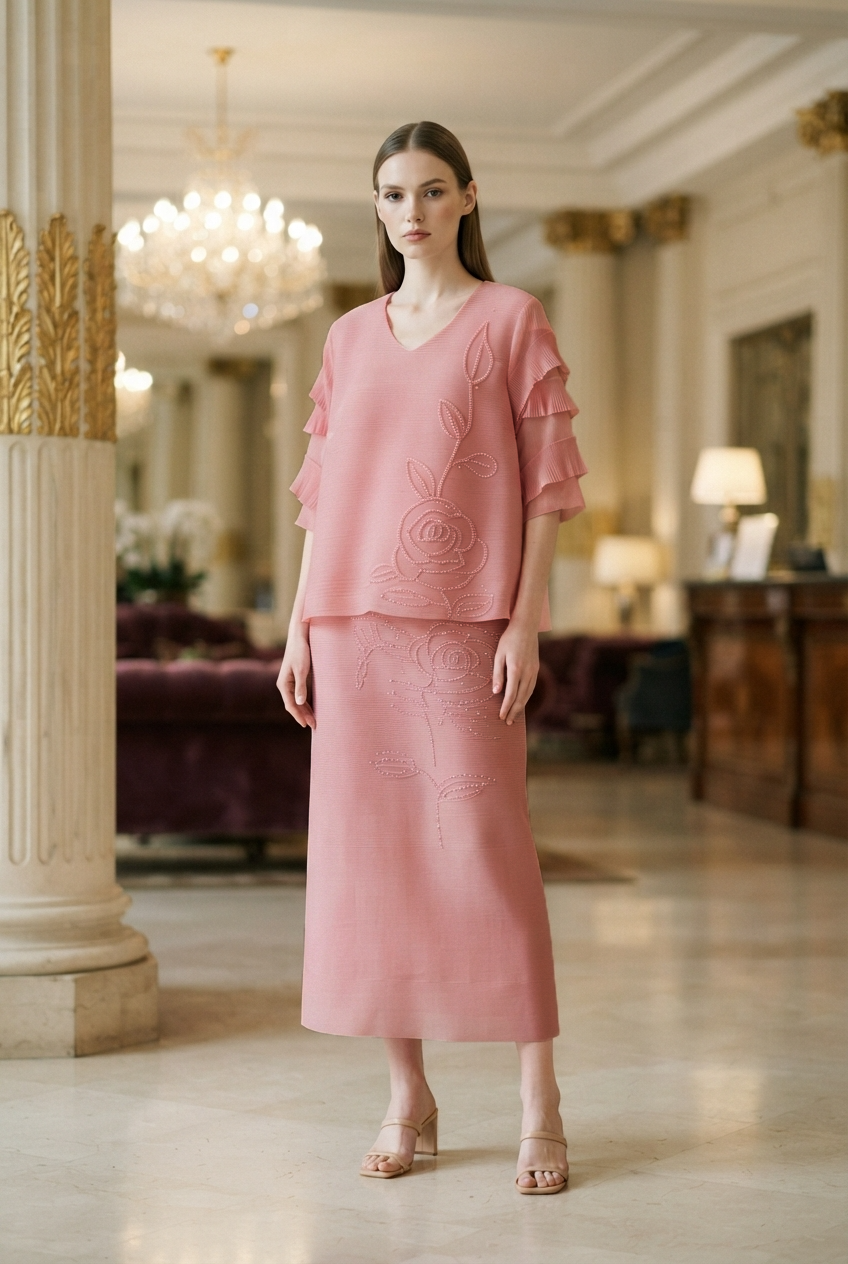 A woman wearing a dusty pink two-piece set consisting of a short-sleeved top with ruffled edges and a matching midi skirt with tonal floral embroidery.