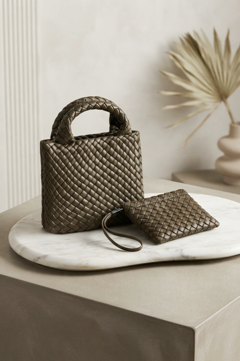 A woven brown top-handle handbag with a matching zip pouch and wristlet strap, styled on a white marble tray against a neutral beige background.