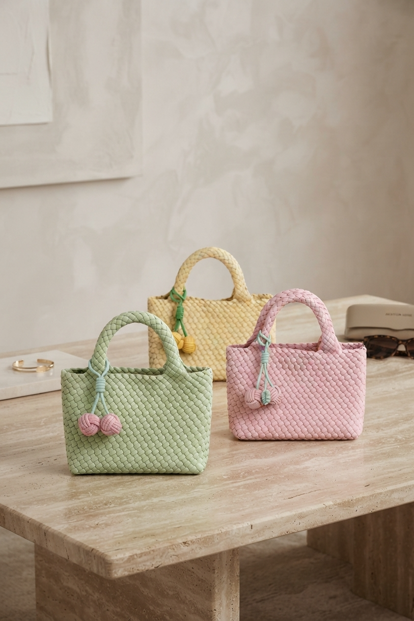 Three woven mini handbags in pastel green, pink, and pale yellow. The green bag in front has pink pom-pom charms, the pink bag has a tassel charm, and the yellow bag has a small yellow accent.