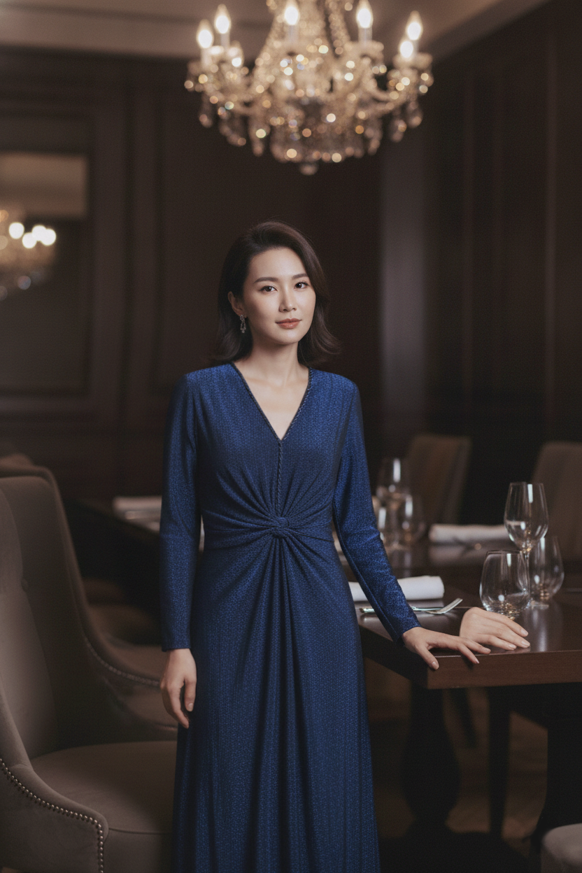 A woman wearing a long-sleeve navy blue wrap-style evening gown.