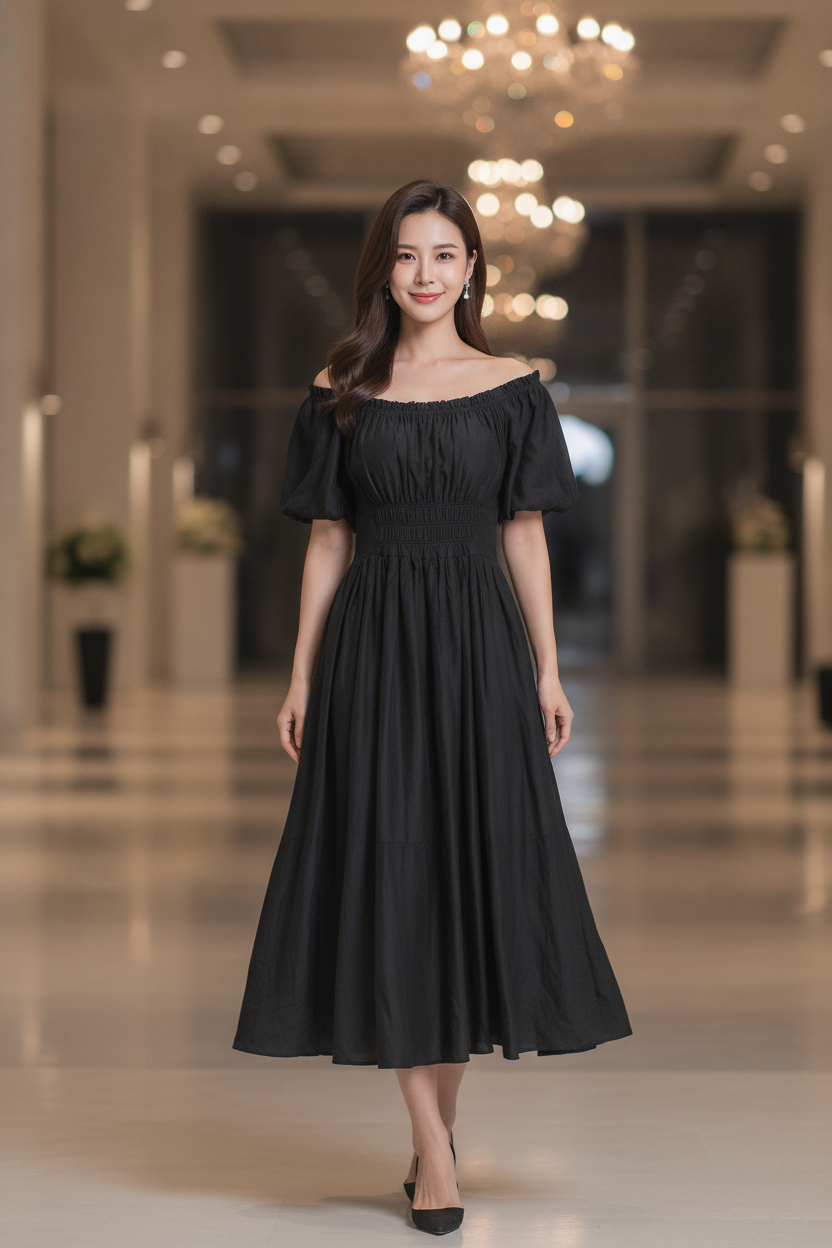 A woman wearing a black off-the-shoulder midi dress with short puff sleeves and a gathered waist.