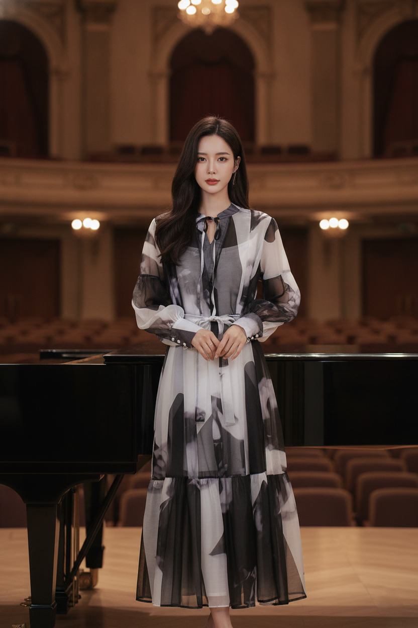 Abstract Print Long Dress with Inner (Free size)