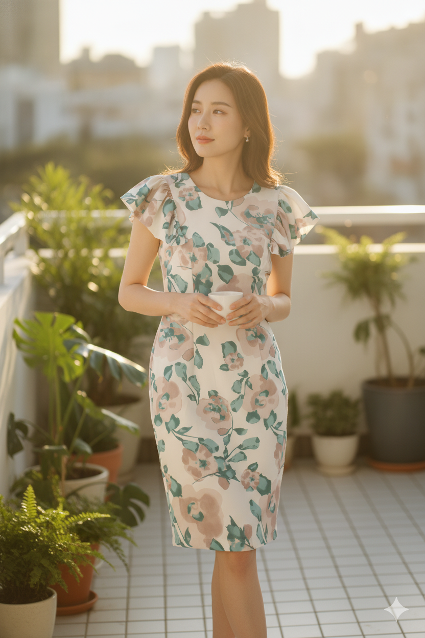 A woman wearing a fitted knee-length dress with ruffled cap sleeves and a soft floral print in blush pink, sage green, and cream. 