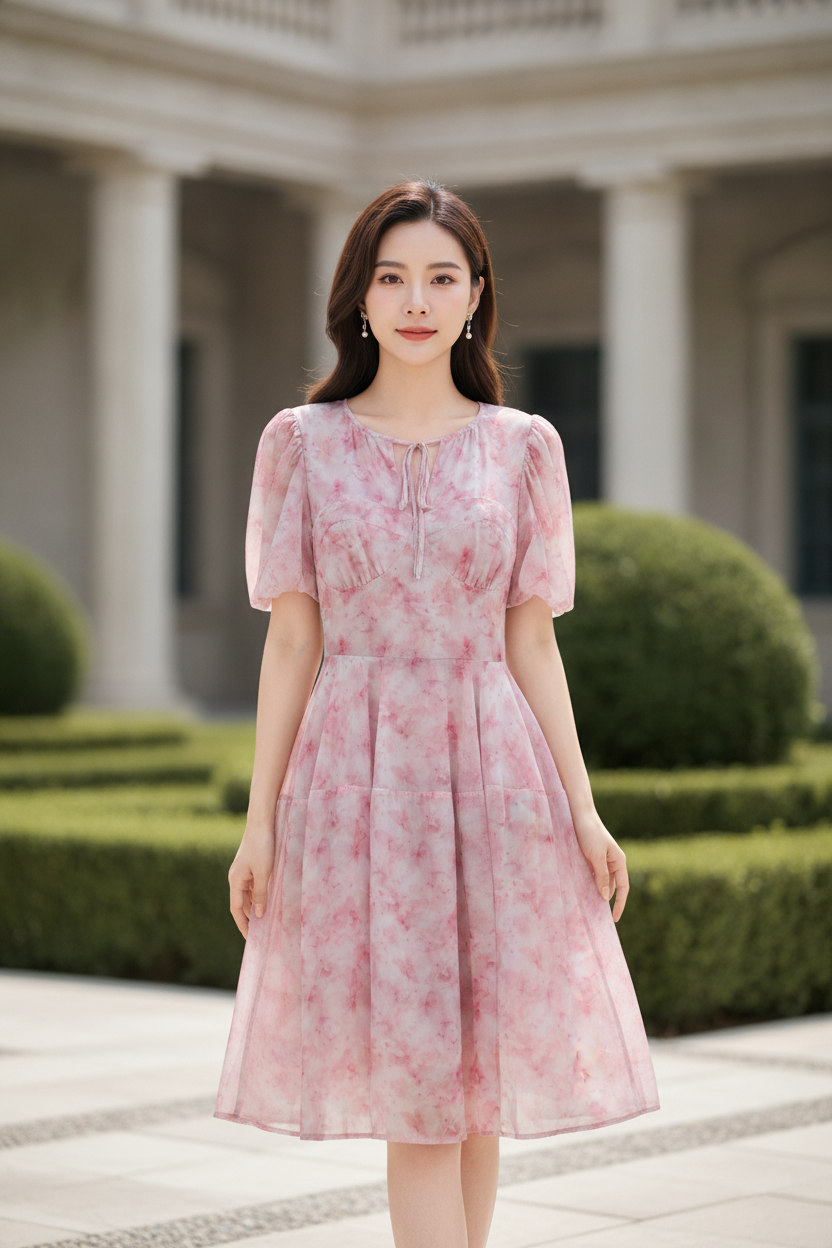Chiffon Puff Sleeve Dress in Pink (M size)