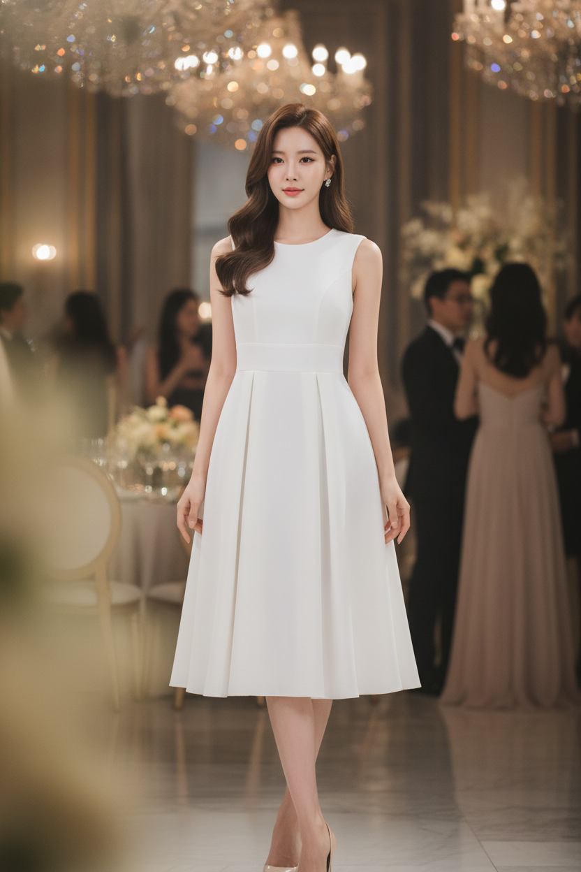 A woman wearing a sleeveless white knee-length dress.