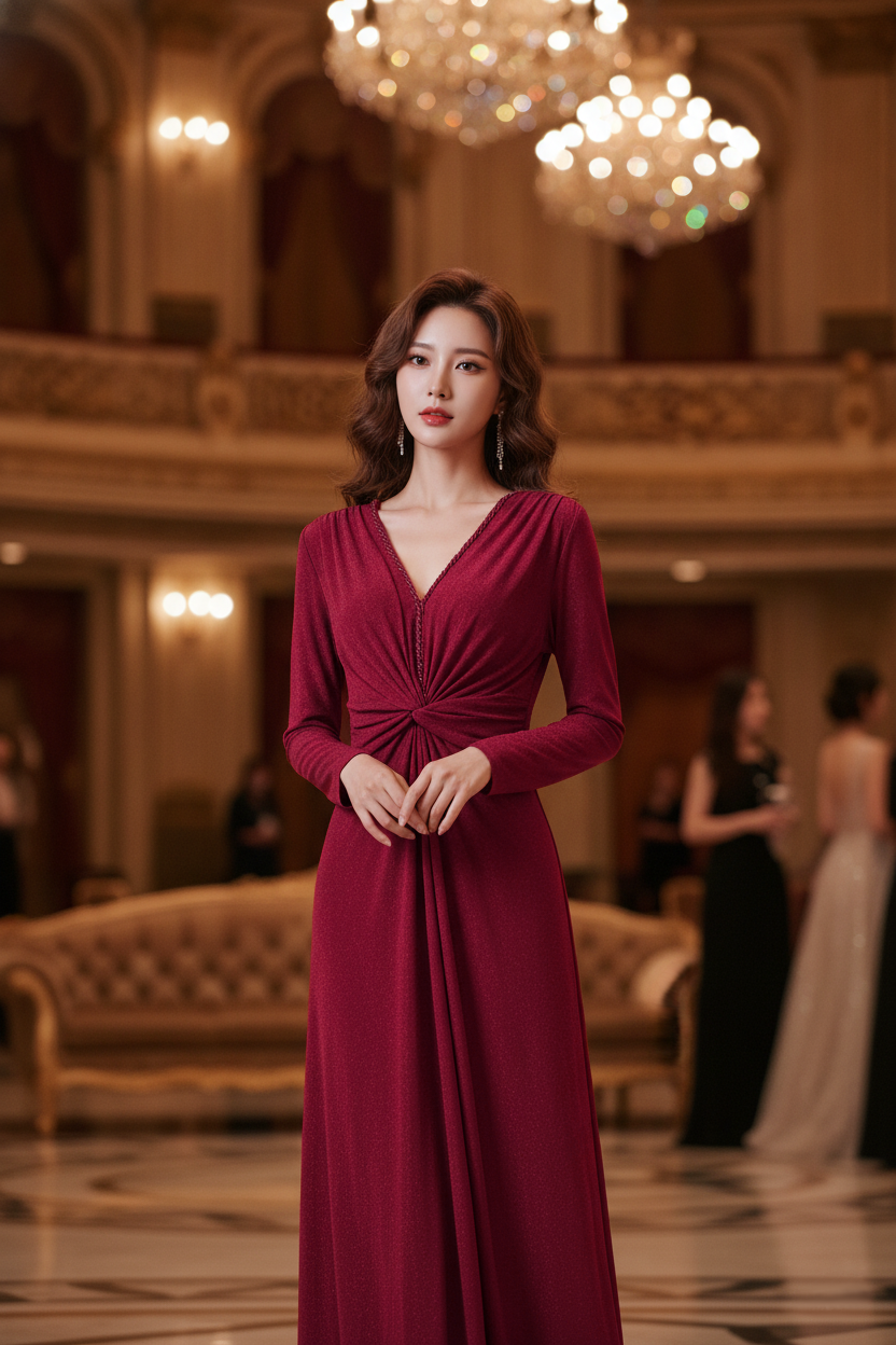 A woman stands in a grand, elegant ballroom wearing a floor-length, long-sleeve burgundy gown with a V-neck and gathered waist detail.