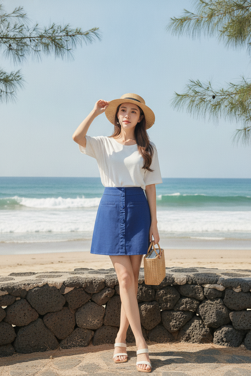 A woman wearing a white short-sleeve top, a blue mini skirt.