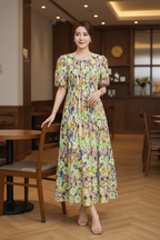 Floral Dress in Green & Blue (Free size)