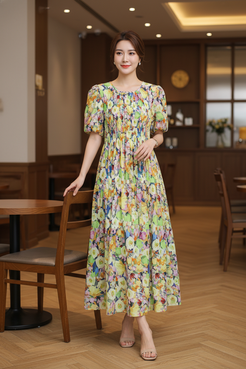 Floral Dress in Green & Blue (Free size)
