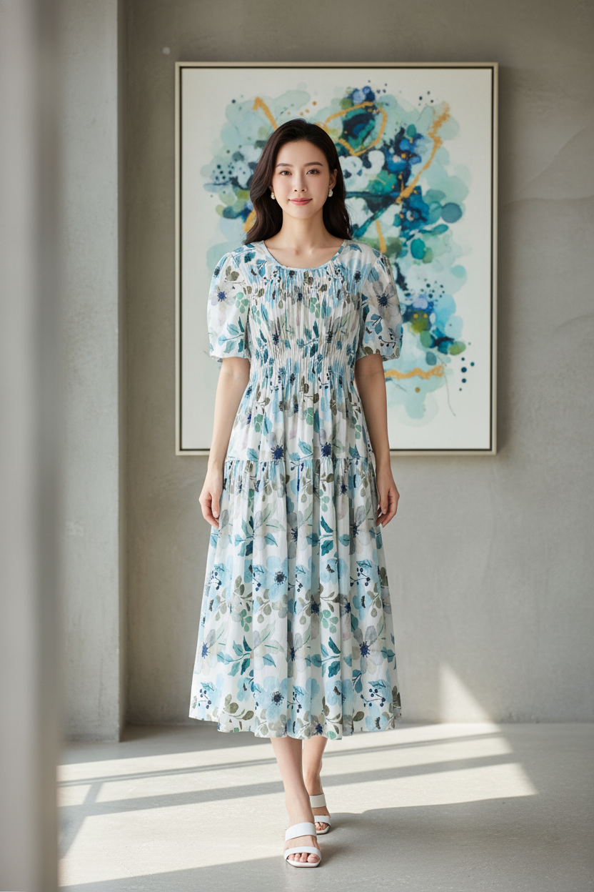 Floral Dress in Green & Blue (Free size)