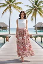 3D Floral Appliques Midi Skirt in Pink (Free size)