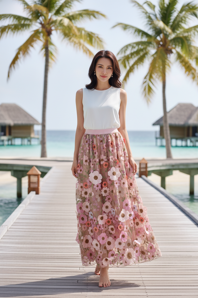 3D Floral Appliques Midi Skirt in Pink (Free size)