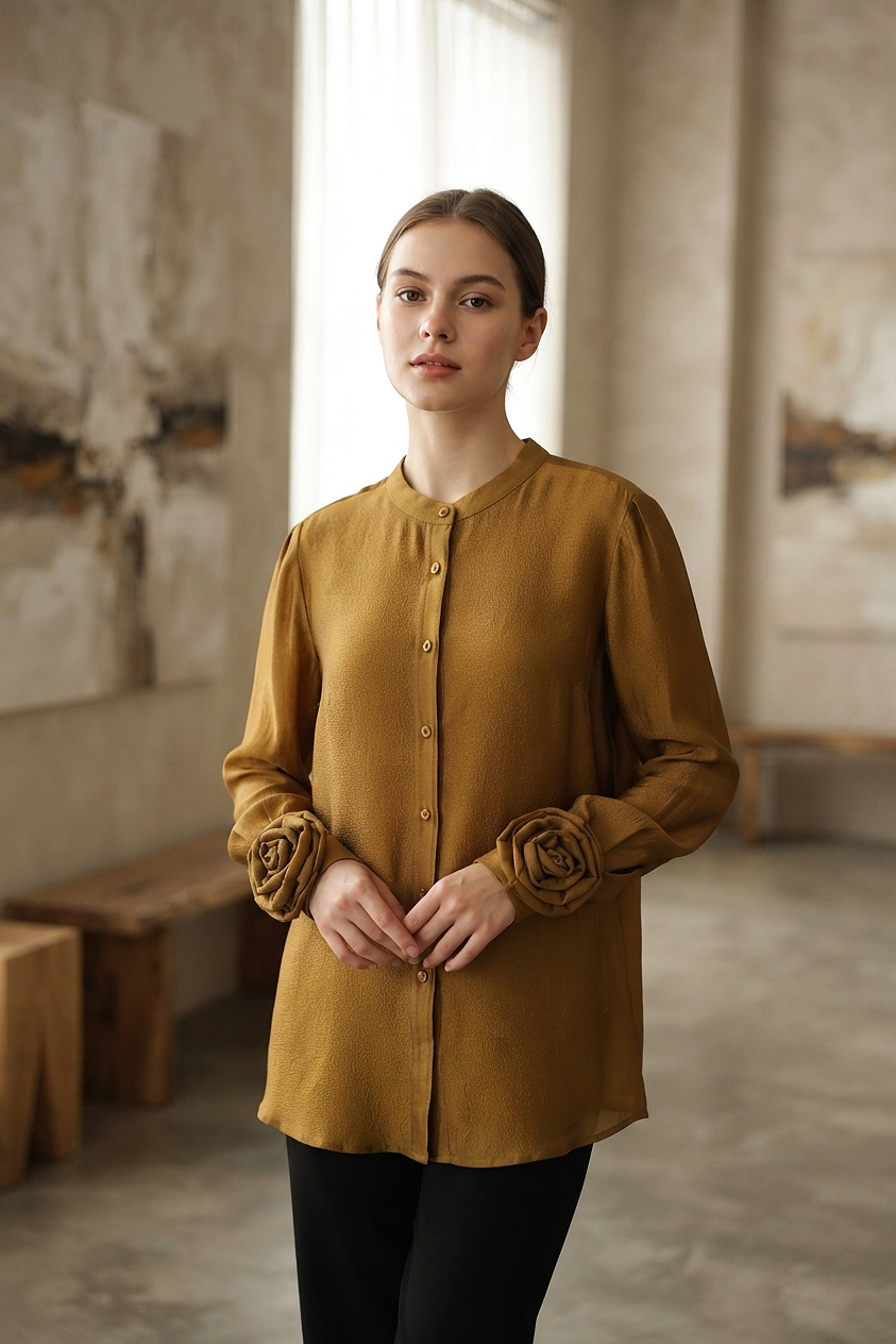 Rosettes Button Up Blouse in Mustard Yellow (XL size)