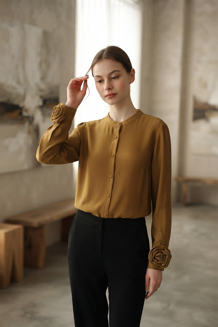 Rosettes Button Up Blouse in Mustard Yellow (XL size)