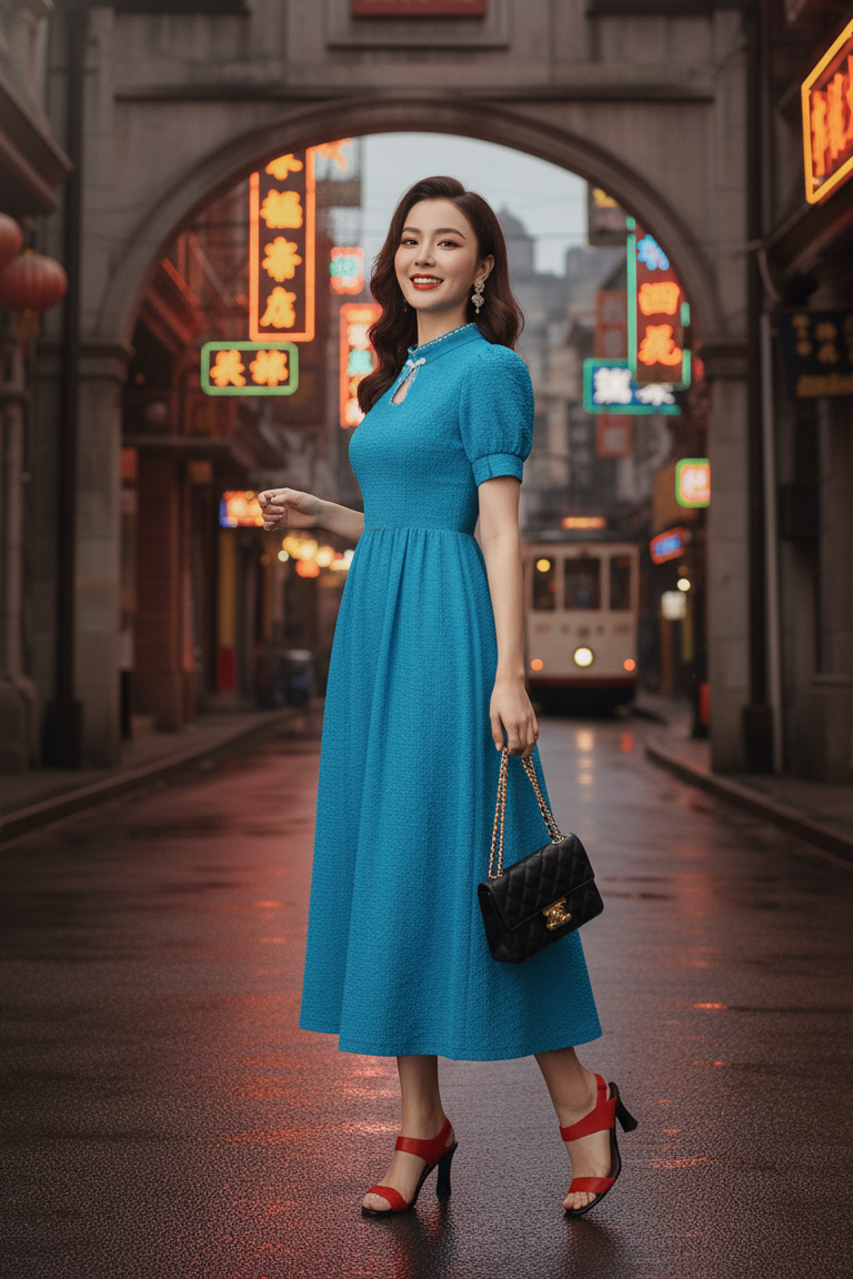 Keyhole Neckline Pearl Qipao Dress