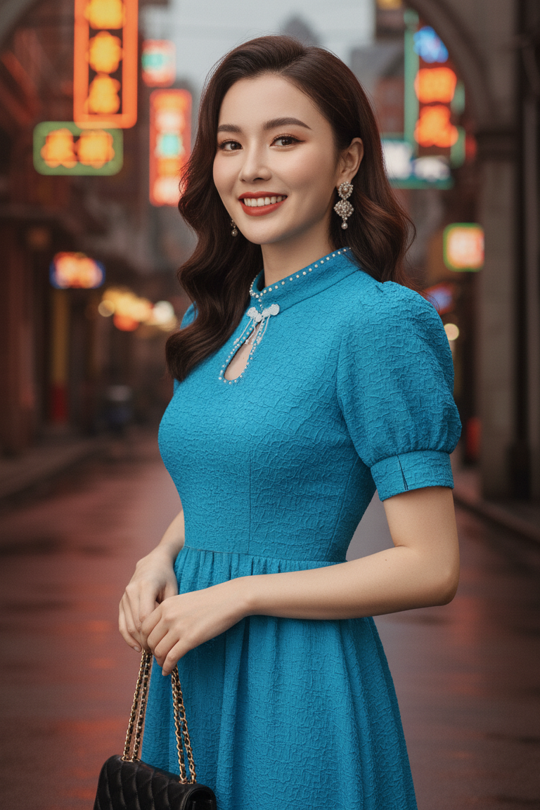 Keyhole Neckline Pearl Qipao Dress