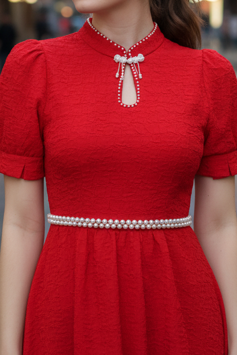 Keyhole Neckline Pearl Qipao Dress