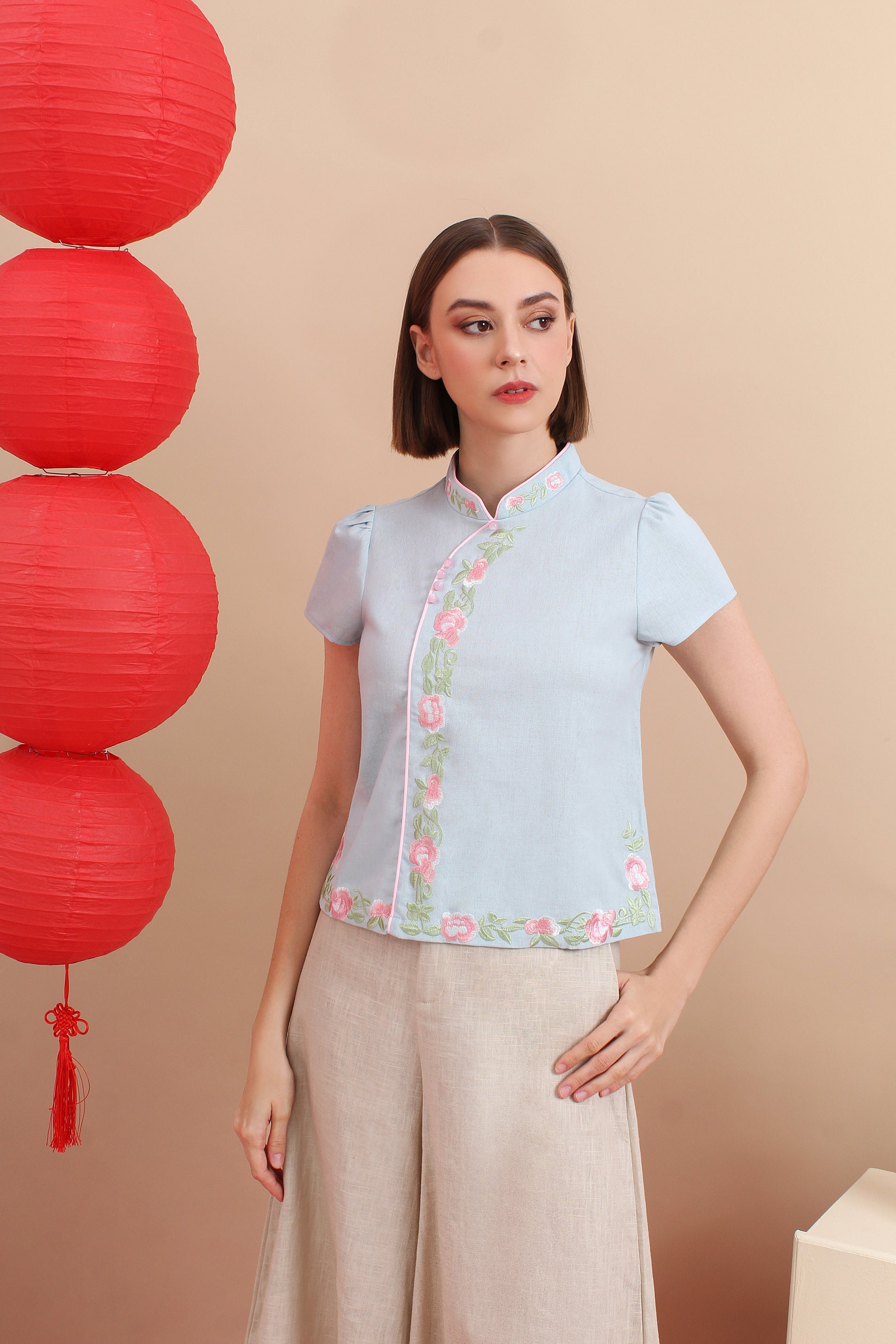 Le Ann Maxima Grace Mandarin Floral Embroidery Top