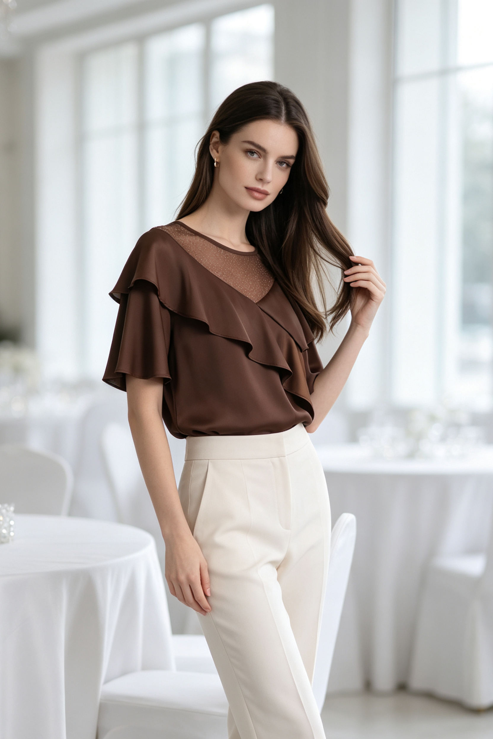 A woman modeling a brown ruffled short-sleeve blouse with a sheer V-neckline, paired with cream-colored trousers
