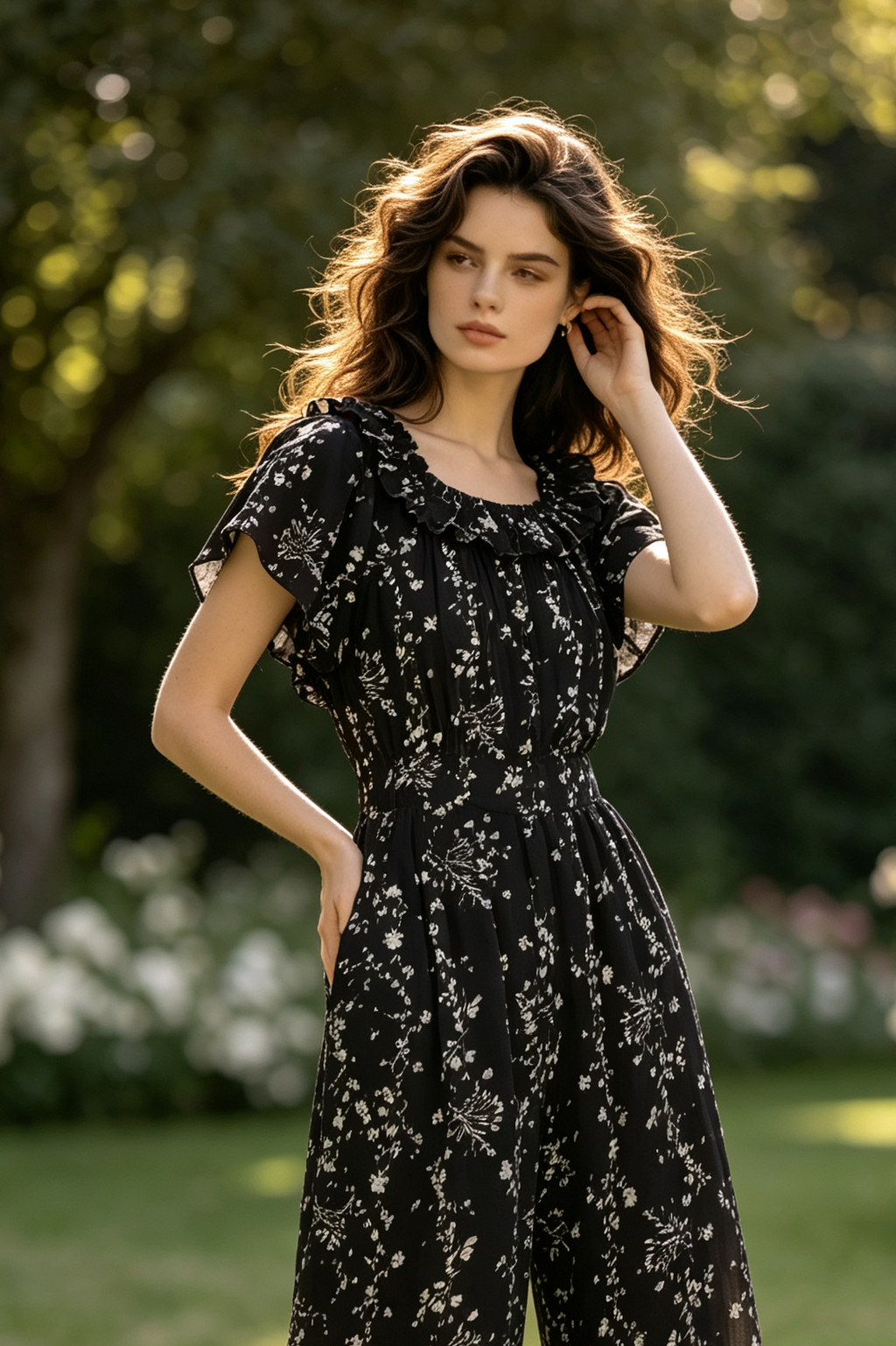 A woman  wearing a black short-sleeve jumpsuit with a white floral print.