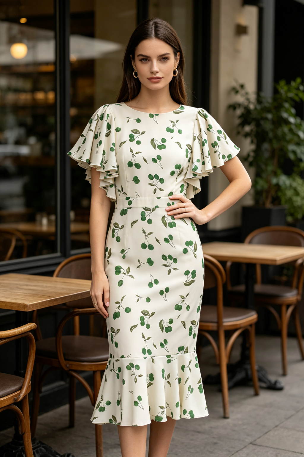 A woman models a cream-colored midi dress with a green cherry and leaf pattern, featuring ruffled short sleeves and a flared hemline