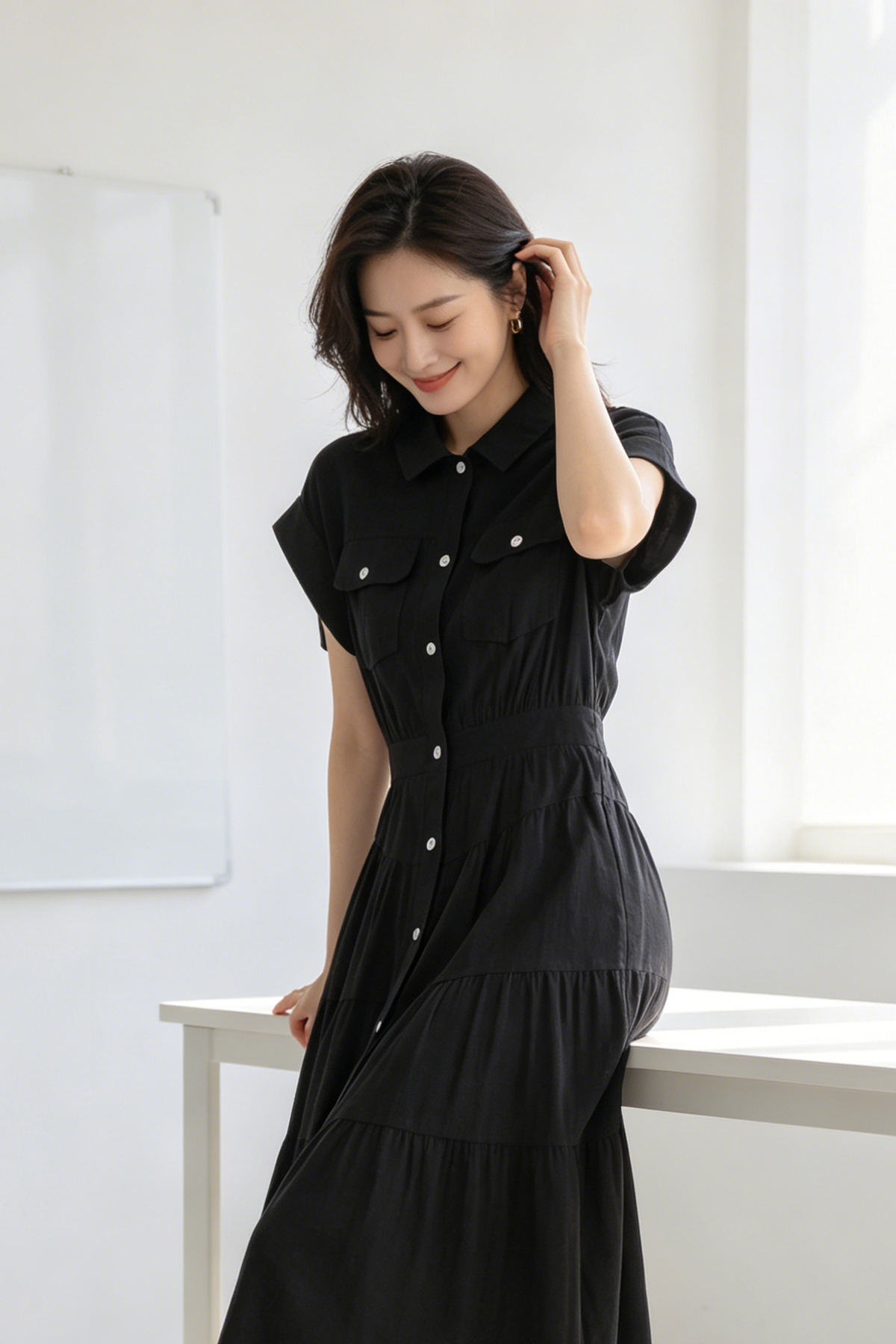 Button-Front Dress in Black (L size)