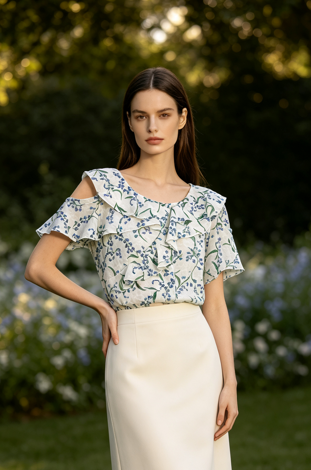 A woman stands outdoors in a garden wearing a cold-shoulder blouse with a blue and green floral print on a white base, paired with a cream-colored high-waisted skirt.