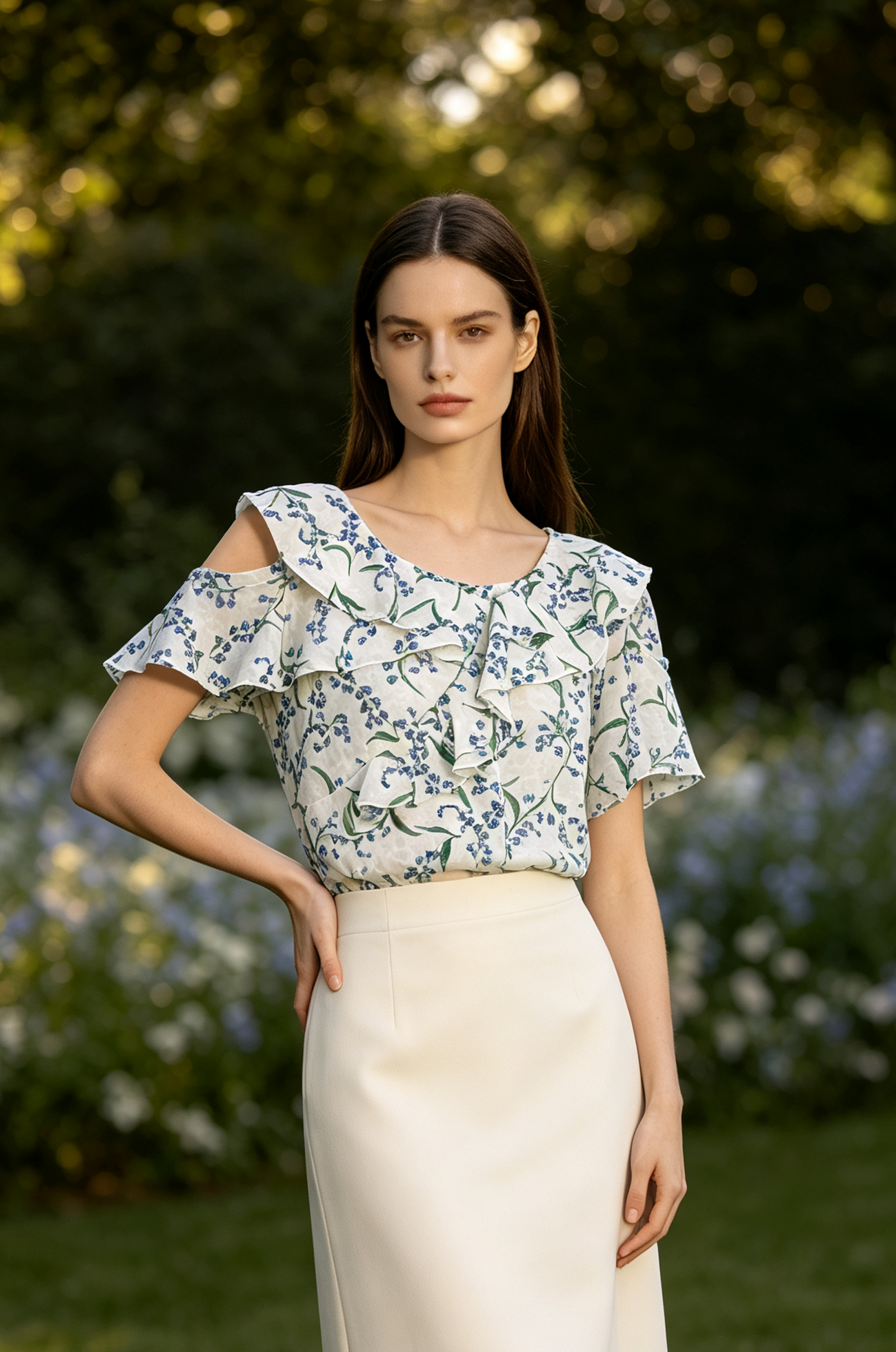A woman stands outdoors in a garden wearing a cold-shoulder blouse with a blue and green floral print on a white base, paired with a cream-colored high-waisted skirt.