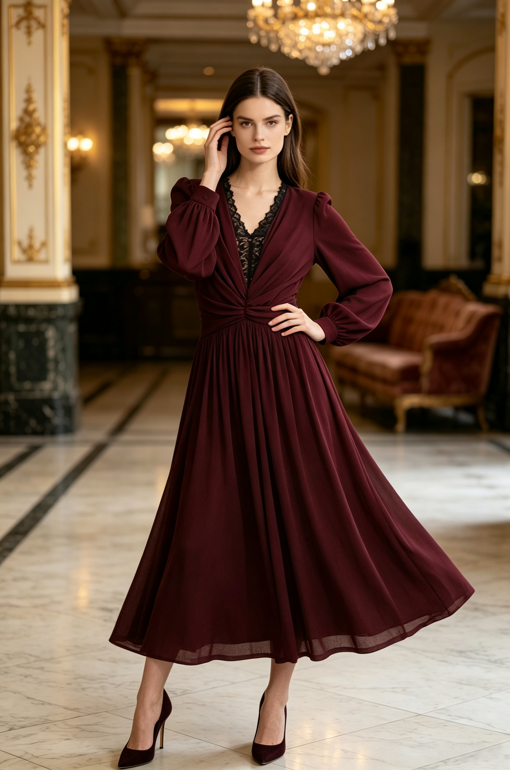 A woman models a long burgundy midi dress with a lace V-neckline and long sleeves.
