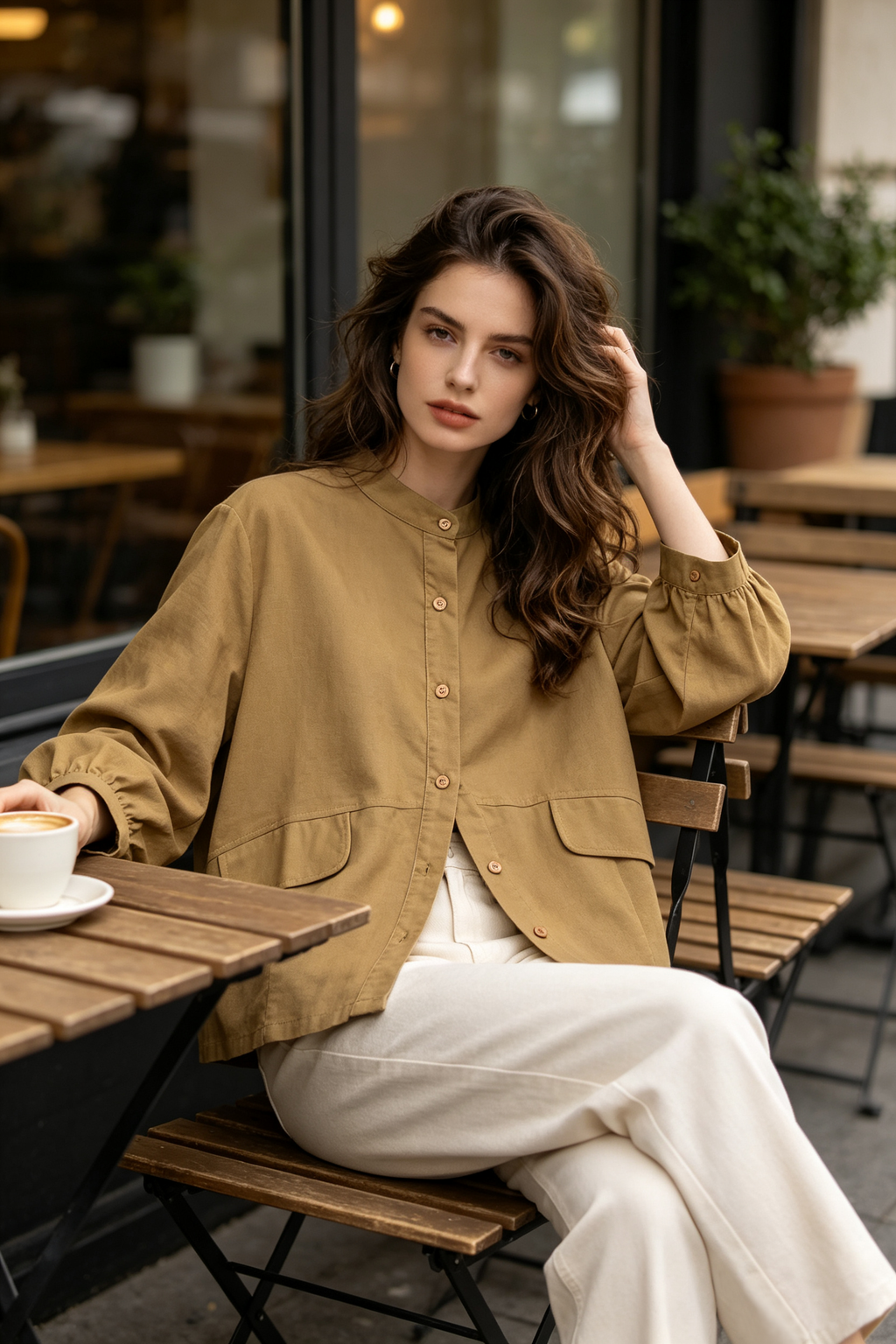 A woman wearing a tan button-up linen blouse
