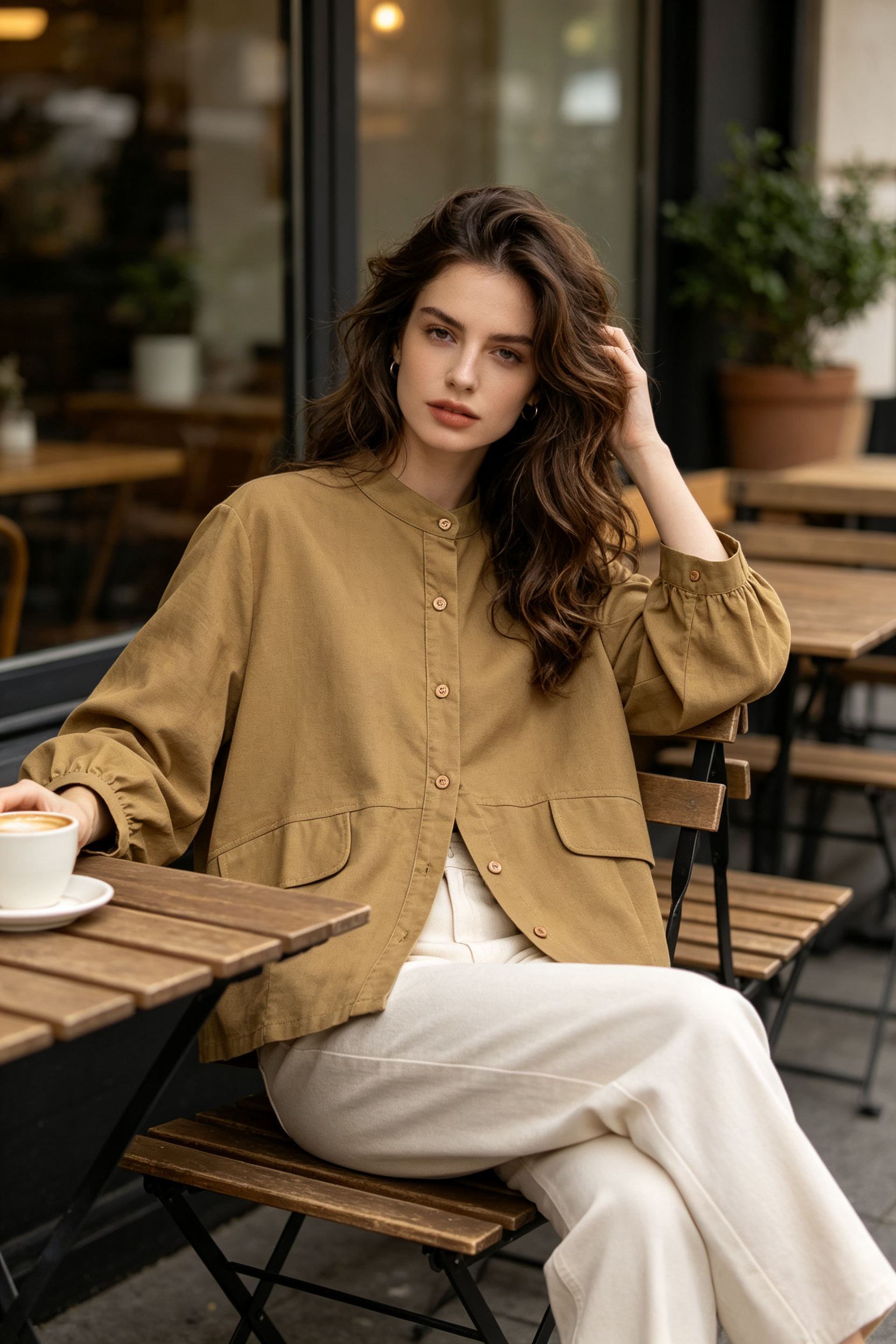 A woman wearing a tan button-up linen blouse