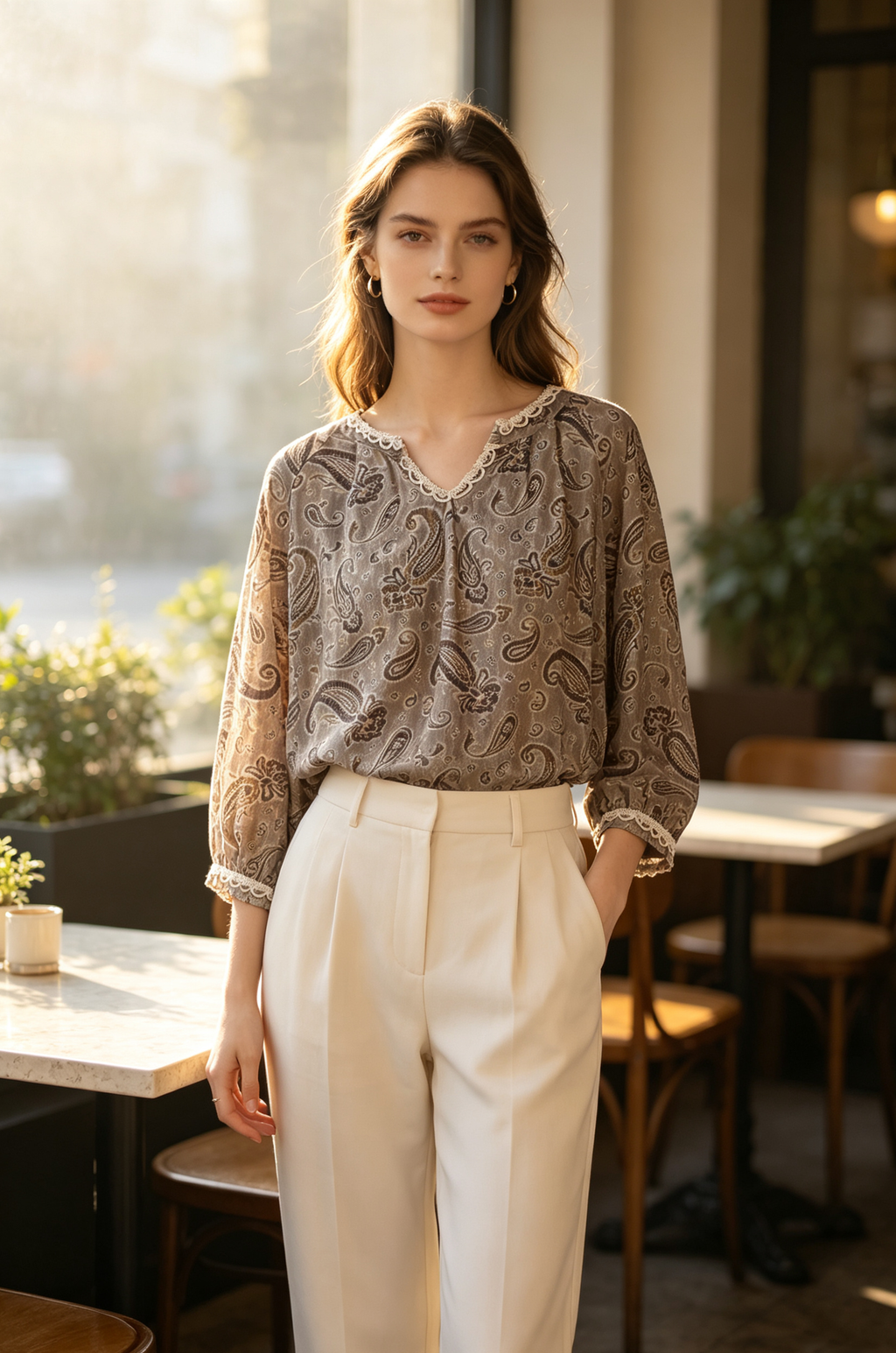 Paisley Print Brown Blouse (FREE size)