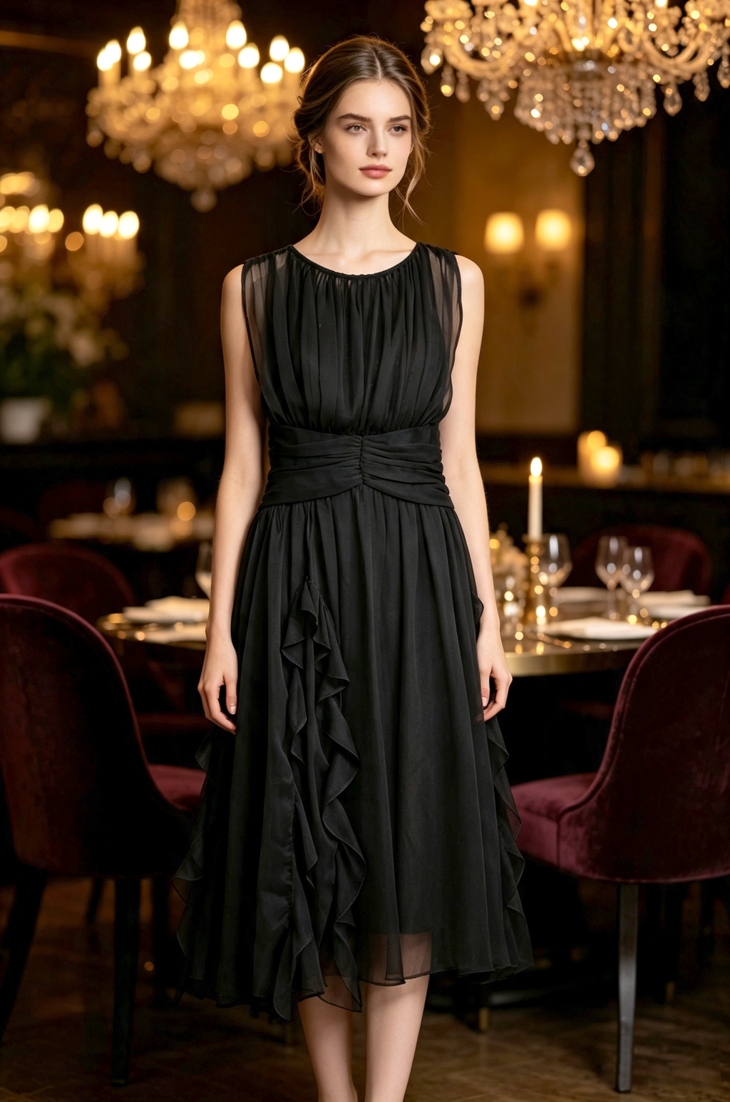A woman stands in a dimly lit, elegant restaurant wearing a sleeveless black midi dress with a gathered bodice, sheer upper yoke, and layered ruffle skirt.