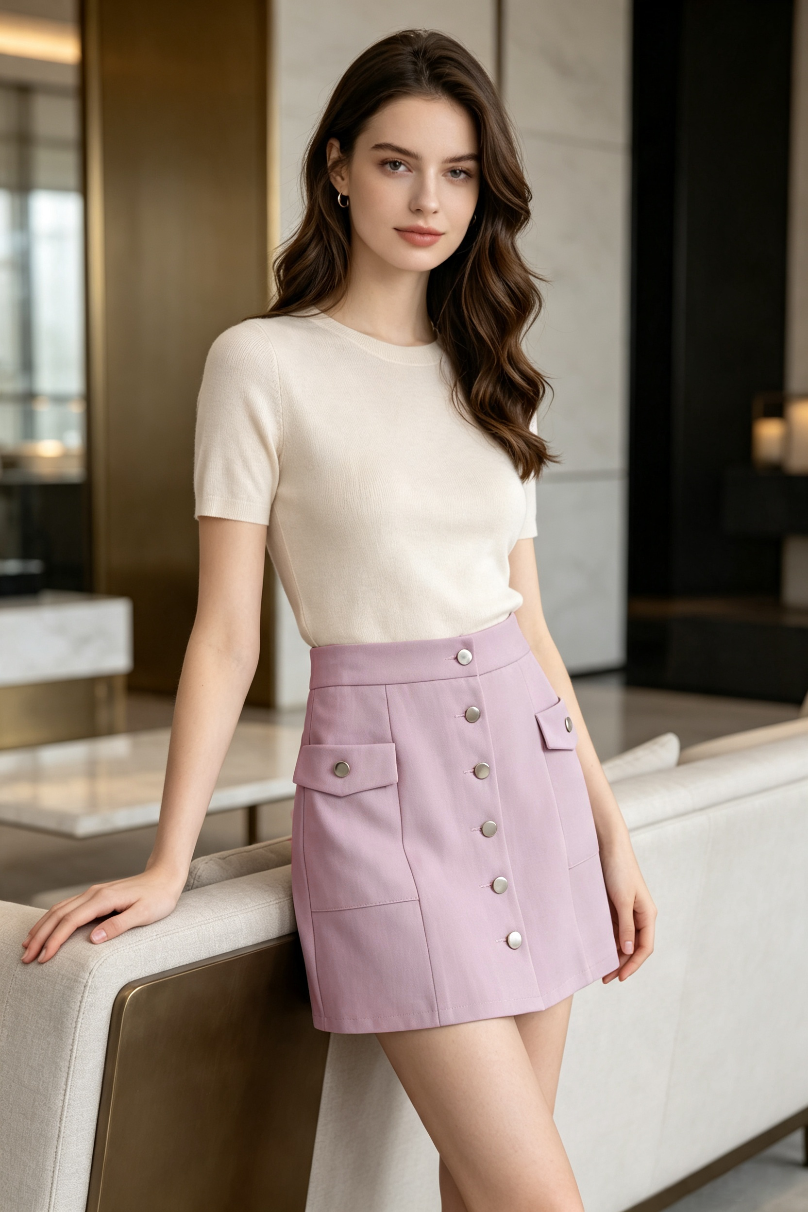 A woman stands indoors wearing a cream short-sleeve knit top and a light pink mini skirt with front button details and flap pockets.