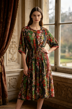A woman stands indoors by a large window wearing a knee-length floral dress with elbow-length sleeves and a gathered waist. The dress has a multicolor print with green, red, pink, and dark tones.