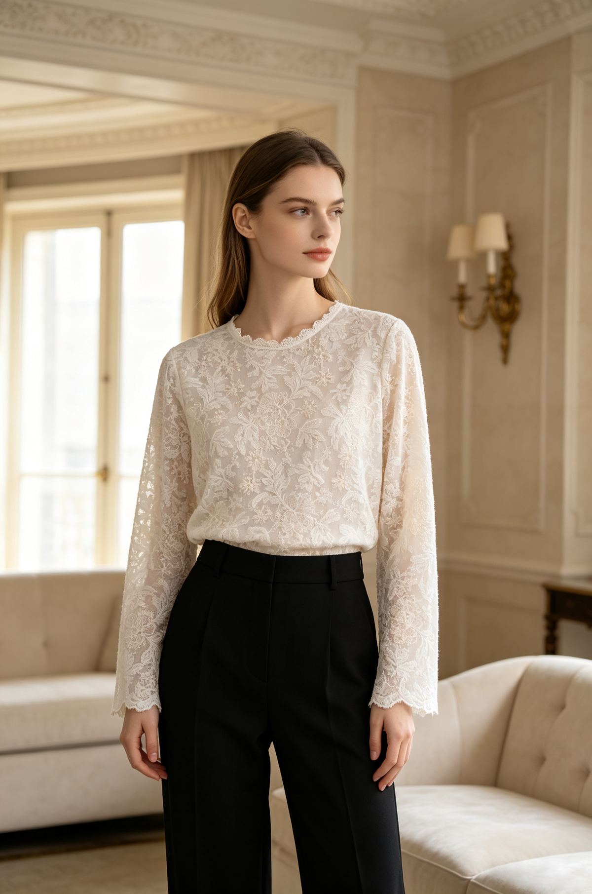 Lace Scalloped Neckline Blouse (Free size)