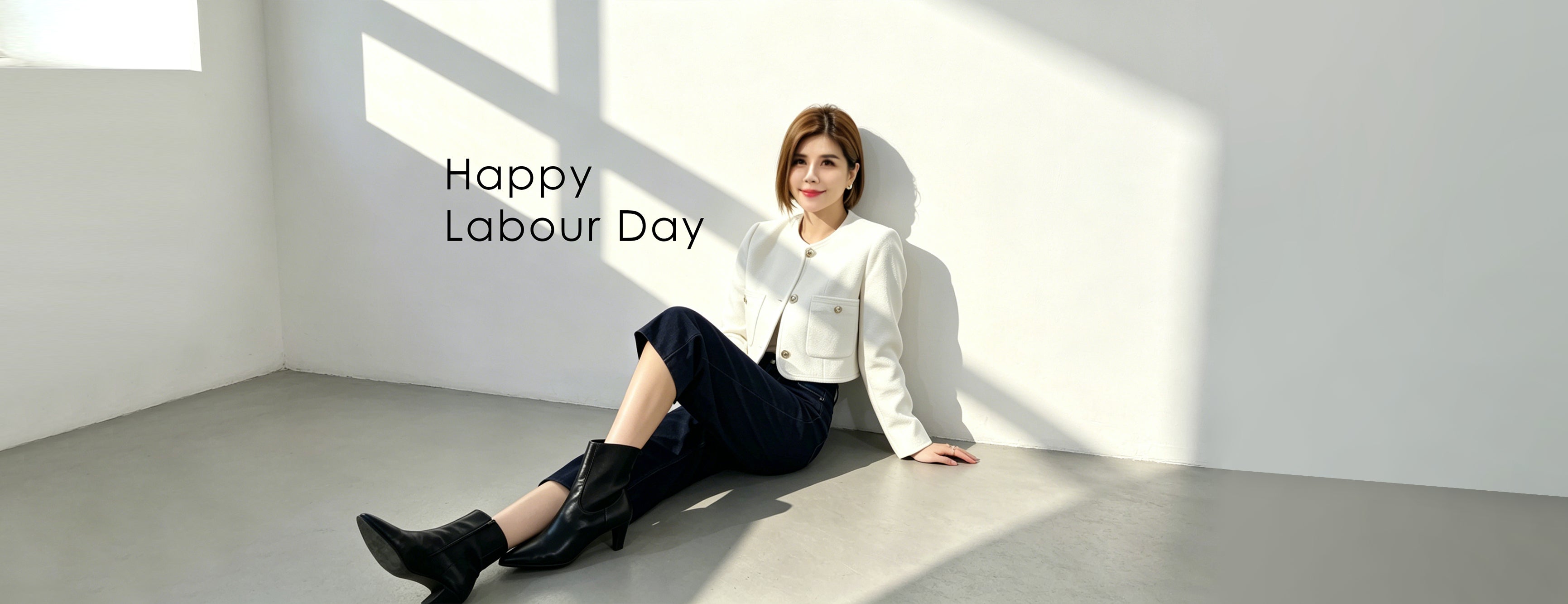 Woman sitting on a floor with 'Happy Labour Day' text in a bright room.