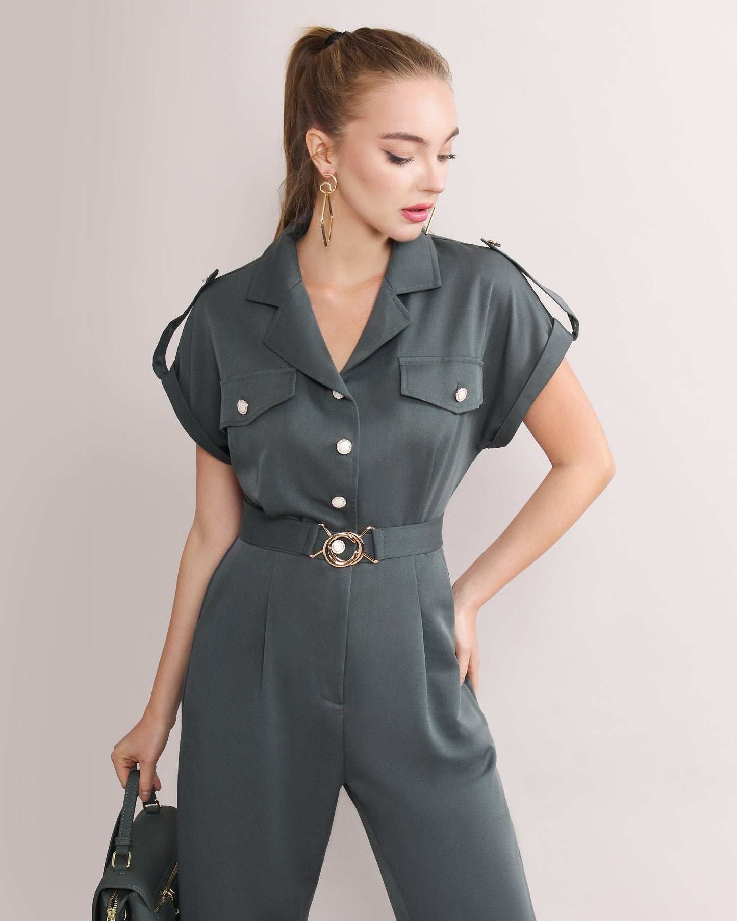 Notched Collar Cap Sleeve Sashes Jumpsuit